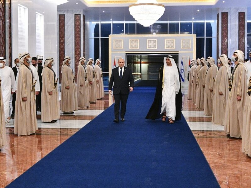 Israeli Prime Minister Naftali Bennett is greeted by Abu Dhabi Crown Prince Sheikh Mohammed bin Zayed at his private palace in Abu Dhabi, Dec. 13, 2021. Credit: Haim Zach/GPO.