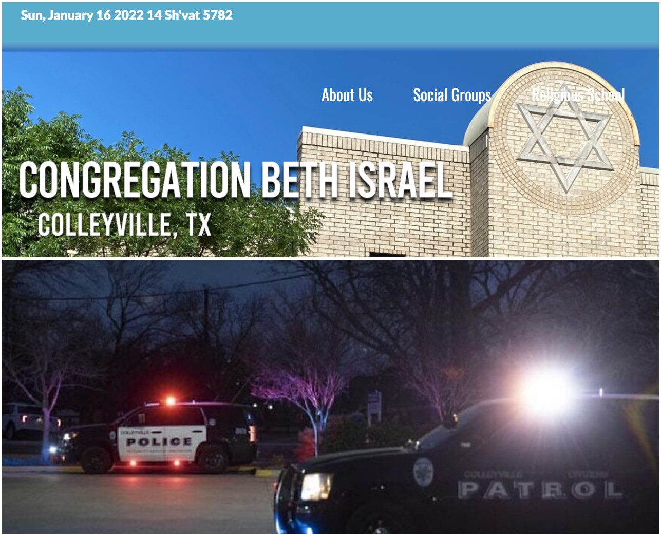 Congregation Beth Israel website; Screenshot. Four congregants at Congregation Beth Israel, a Reform synagogue in Colleyville, Texas, were released on Saturday night after being held hostage for about 12 hours, Jan. 15, 2022. Source: Screenshot.