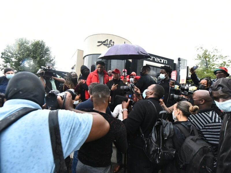 EFF leader Julius Malema blocking the Kream restaurant entrance at Mall Of Africa, 19 January 2022. Source- EFF Twitter.