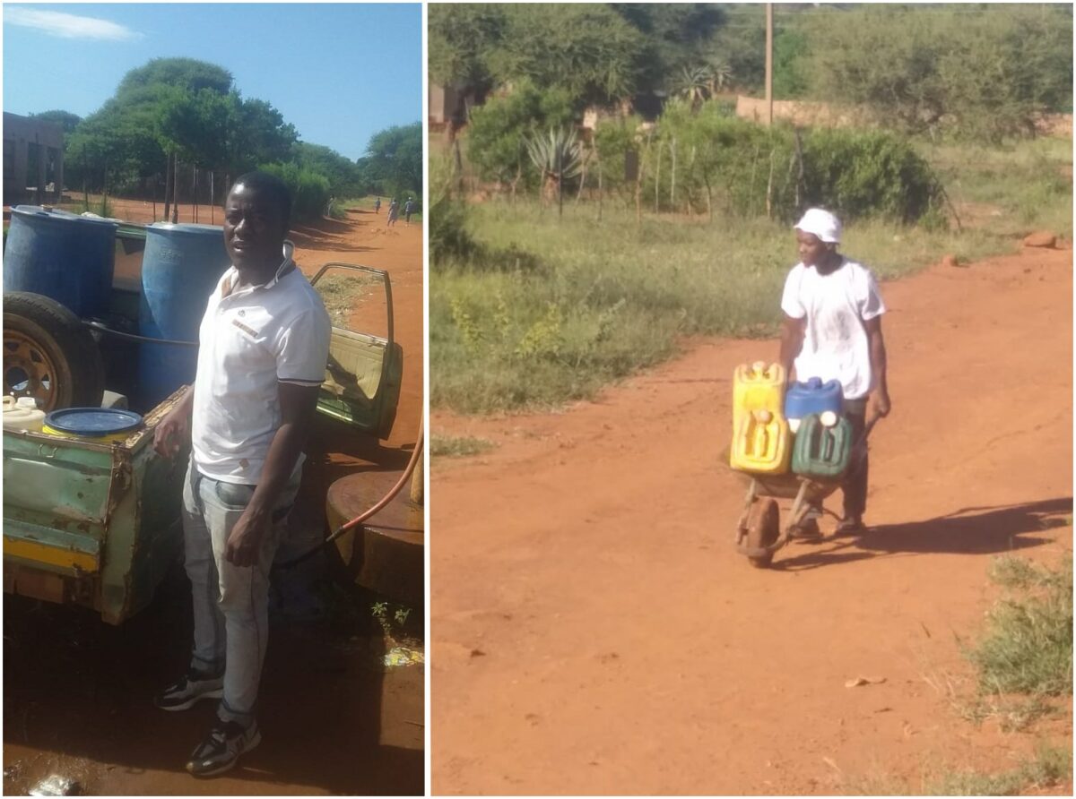 Champ Lekagane brings water to communities; Resident pushes wheelbarrow. Photos by K Mokgatlhe.
