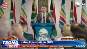 DA Leader John Steenhuisen addresses the nation ahead of President Ramaphosa’s 2022 State of the Nation Address. Source: Screenshot.