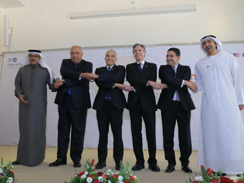 Foreign ministers of Israel, the US, Morocco, Egypt, Bahrain and the UAE at the Negev Summit on March 28, 2022 (Asi Efrati GPO)