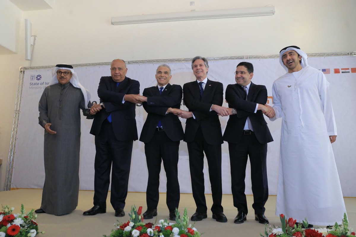 Foreign ministers of Israel, the US, Morocco, Egypt, Bahrain and the UAE at the Negev Summit on March 28, 2022 (Asi Efrati GPO)