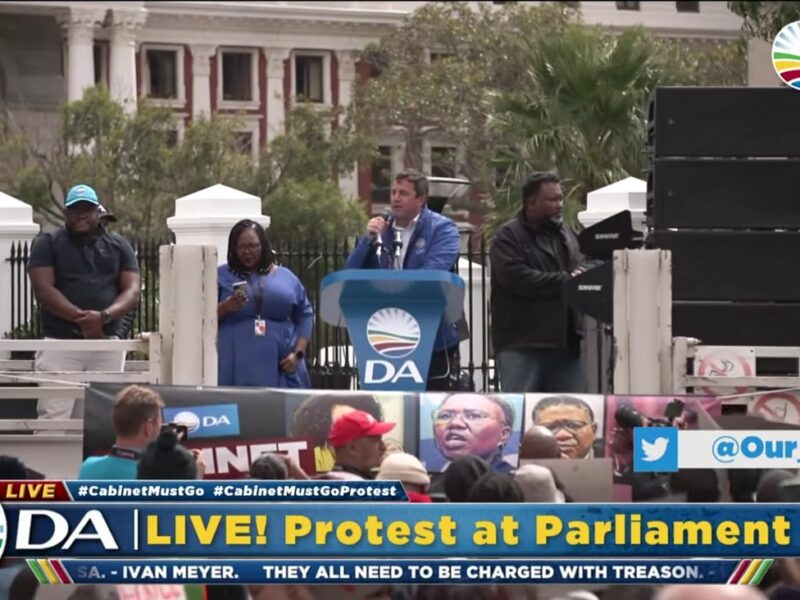DA Leader John Steenhuisen speaking at the march at Parliament, 30 March 2022. Screenshot.
