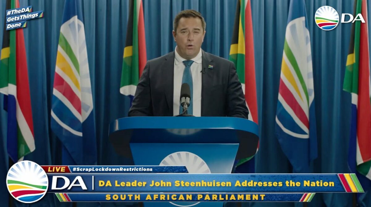 DA Leader, John Steenhuisen addresses the nation on the extension of the state of disaster and government's intention to legislate permanent restrictions. Source: Youtube, DA, screenshot.
