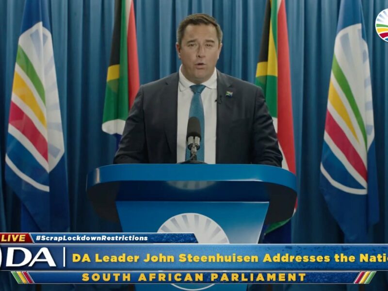 DA Leader, John Steenhuisen addresses the nation on the extension of the state of disaster and government's intention to legislate permanent restrictions. Source: Youtube, DA, screenshot.