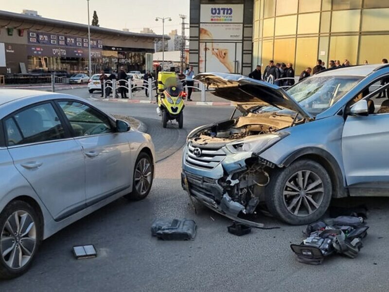 The scene of a car-ramming and stabbing attack outside the Big shopping center in Beersheva, in southern Israel, on March 22, 2022. Photo by Flash90.
