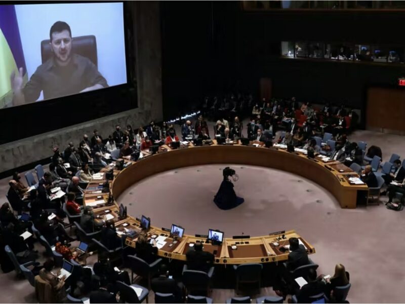 Ukraine President Volodymyr Zelensky addresses a Security Council meeting on Russia’s invasion via a video link. EPA-EFE/Peter Foley