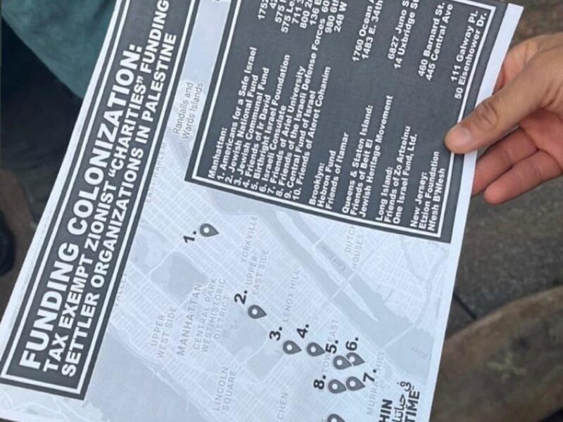 WOL handed out a map to participants with 10 specific addresses of Jewish and Zionist NGOs and foundations across New York City.