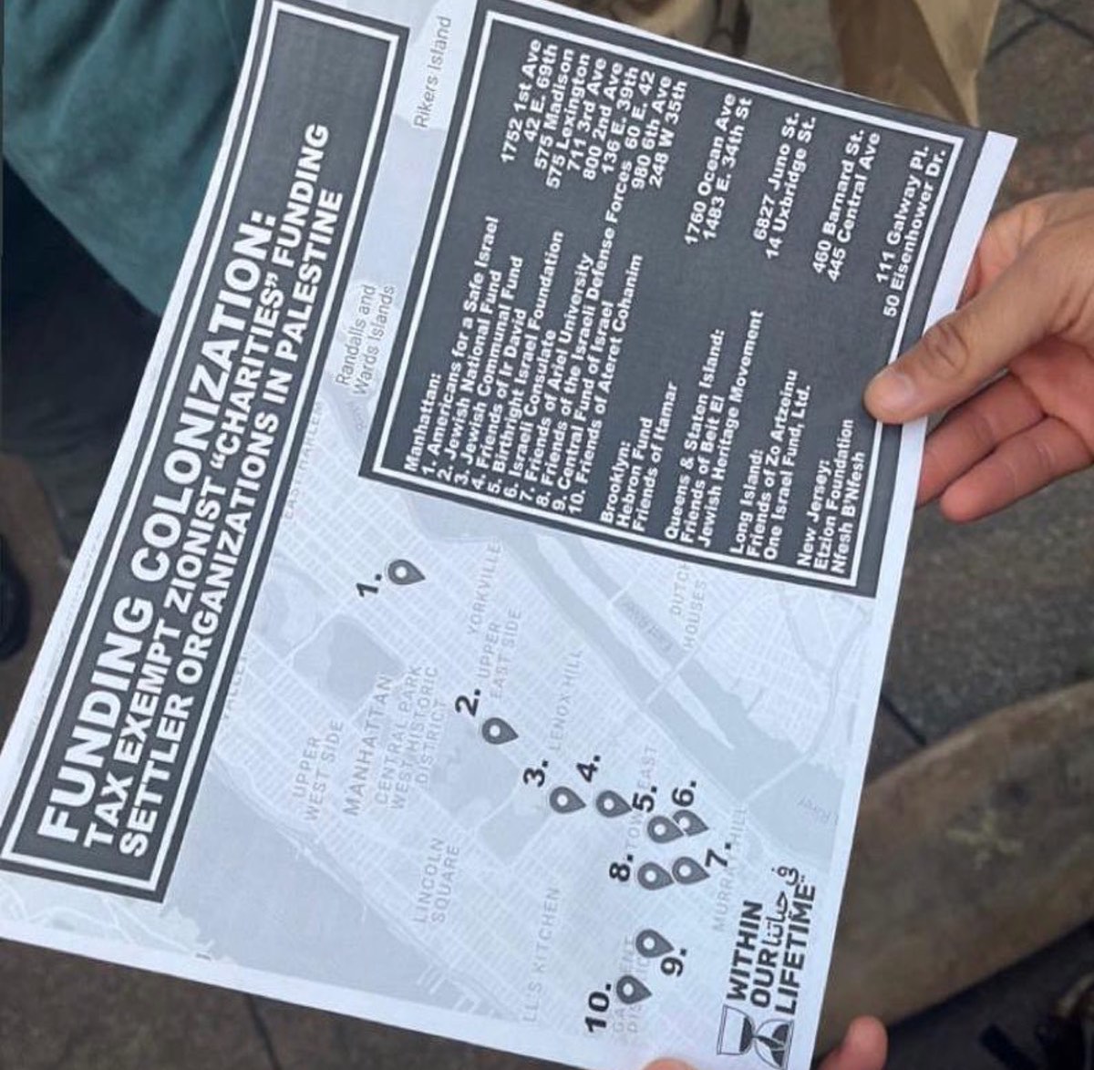 WOL handed out a map to participants with 10 specific addresses of Jewish and Zionist NGOs and foundations across New York City.