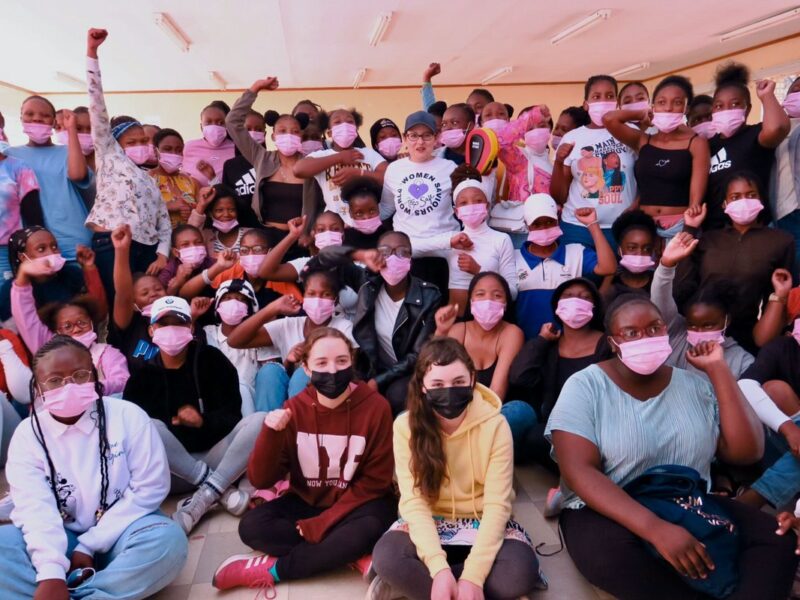 Students of SG Mafaesa Secondary School receive self-defence training. Centre: Michele Engelberg of Keep Safe. Courtesy: SAFI.