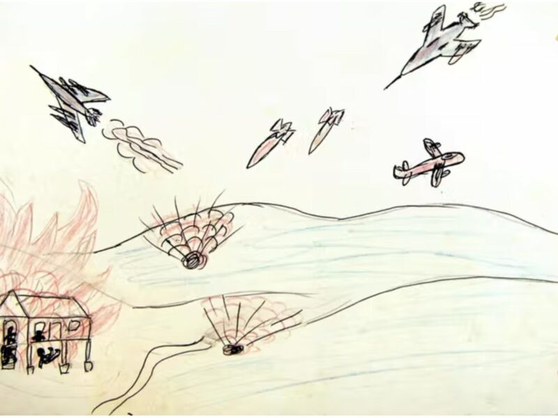 In 1970, a 16-year-old Laotian boy drew a picture of his school being bombed. ‘Many people’ died, he wrote, ‘But I didn’t know who because I wasn’t courageous enough to look.’ Legacies of War, CC BY-SA.