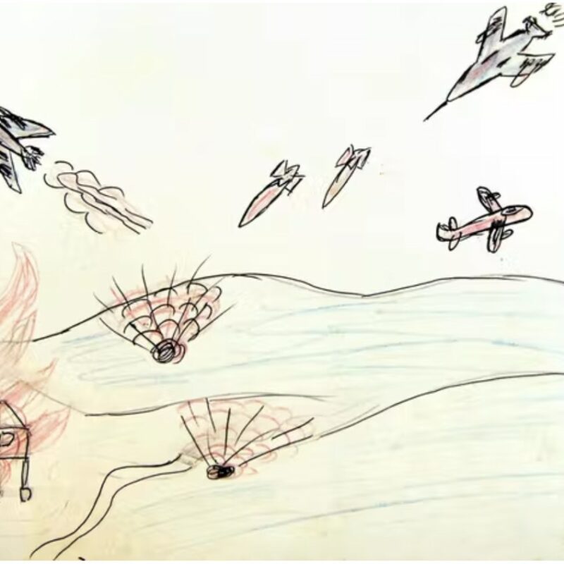 In 1970, a 16-year-old Laotian boy drew a picture of his school being bombed. ‘Many people’ died, he wrote, ‘But I didn’t know who because I wasn’t courageous enough to look.’ Legacies of War, CC BY-SA.