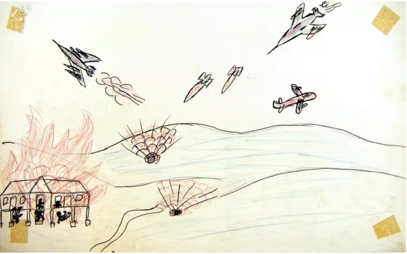 In 1970, a 16-year-old Laotian boy drew a picture of his school being bombed. ‘Many people’ died, he wrote, ‘But I didn’t know who because I wasn’t courageous enough to look.’ Legacies of War, CC BY-SA.