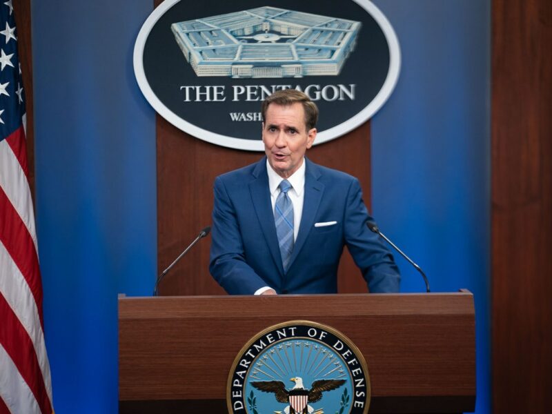 Pentagon Press Secretary John F. Kirby speaks at a press briefing on the Afghanistan withdrawal at the Pentagon, Washington, D.C., Aug. 16, 2021. Credit: Petty Officer 1st Class Carlos M. Vazquez II via Wikimedia Commons.