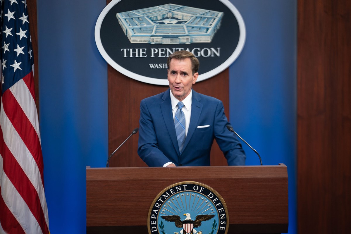 Pentagon Press Secretary John F. Kirby speaks at a press briefing on the Afghanistan withdrawal at the Pentagon, Washington, D.C., Aug. 16, 2021. Credit: Petty Officer 1st Class Carlos M. Vazquez II via Wikimedia Commons.