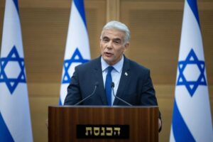 Current Israeli Prime Minister Yair Lapid at a joint press conference with then-Israeli leader Naftali Bennett at the Knesset in Jerusalem on June 20, 2022. Photo by Yonatan Sindel/Flash90.