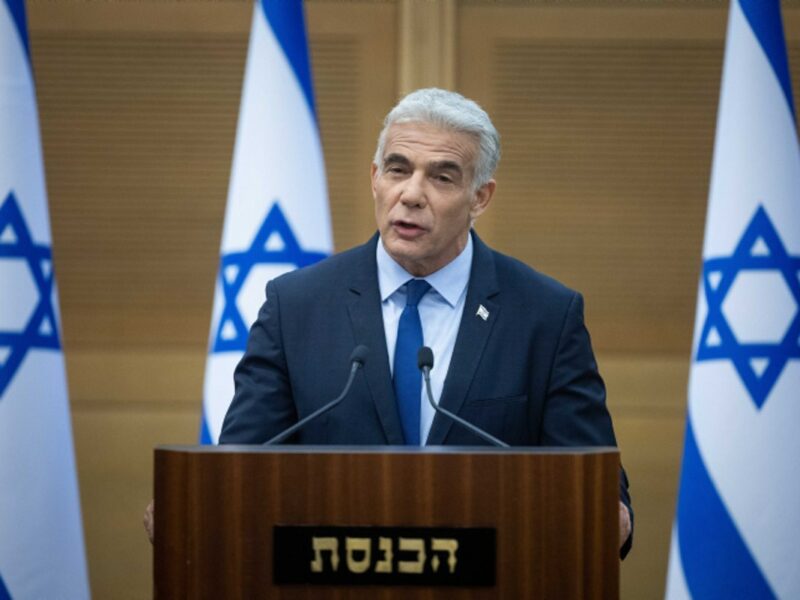 Current Israeli Prime Minister Yair Lapid at a joint press conference with then-Israeli leader Naftali Bennett at the Knesset in Jerusalem on June 20, 2022. Photo by Yonatan Sindel/Flash90.