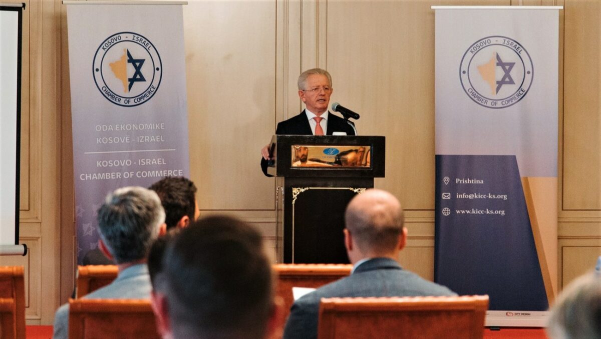 Kosovar Foreign Minister Skënder Hyseni addresses the inaugural event of the Kosovo-Israel Chamber of Commerce in the capital of Pristina on June 29, 2022. Credit: Courtesy.