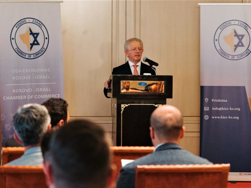 Kosovar Foreign Minister Skënder Hyseni addresses the inaugural event of the Kosovo-Israel Chamber of Commerce in the capital of Pristina on June 29, 2022. Credit: Courtesy.