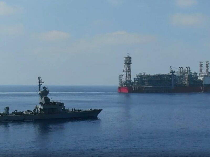 An Israeli warship sails near one of Israel's offshore natural gas rigs. Photo courtesy of the IDF Spokesperson's Unit.