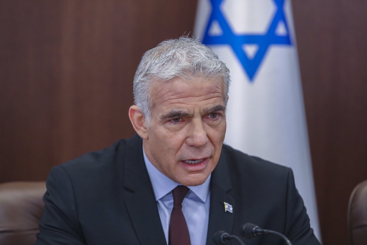 Israeli Prime Minister Yair Lapid leads a cabinet meeting at the Prime Minister's Office in Jerusalem on July 3, 2022. Photo: Marc Israel Sellem.