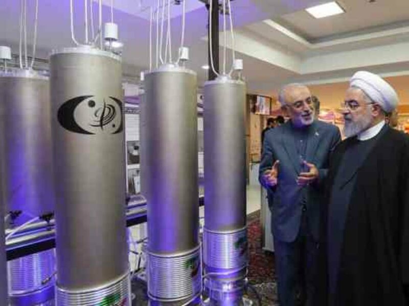 Ali Akbar Salehi, head of Iran’s Atomic Energy Organization, shows former Iranian President Hassan Rouhani models of nuclear centrifuges, April 9, 2019. Credit: Iranian President’s Office.