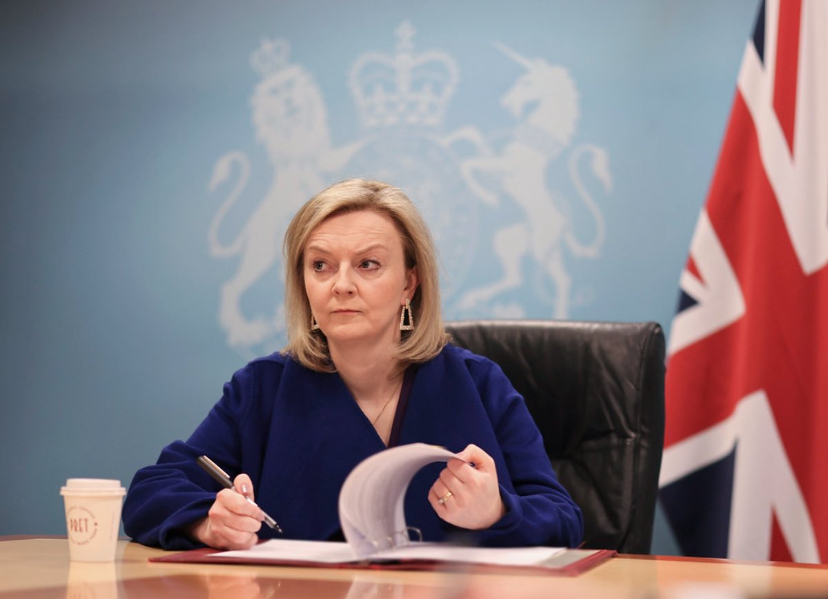 Then Foreign Minister Liz Truss in a call with French FM Le Drian, 25/03/2022. Picture by Tim Hammond / No 10 Downing Street; https://creativecommons.org/licenses/by-nc-nd/2.0/