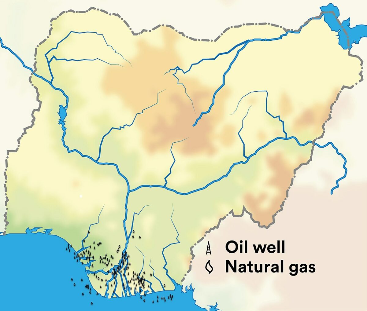Oil wells and natural gas fields in Nigeria. By FrankvEck; https://creativecommons.org/licenses/by-sa/4.0/deed.en