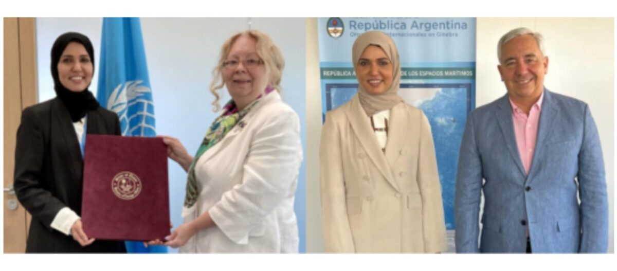 Qatar's new ambassador Hend Al-Muftah with UN Geneva Director General Tatiana Valovaya, and Human Rights Council President Federico Villegas. Source: UN Watch.