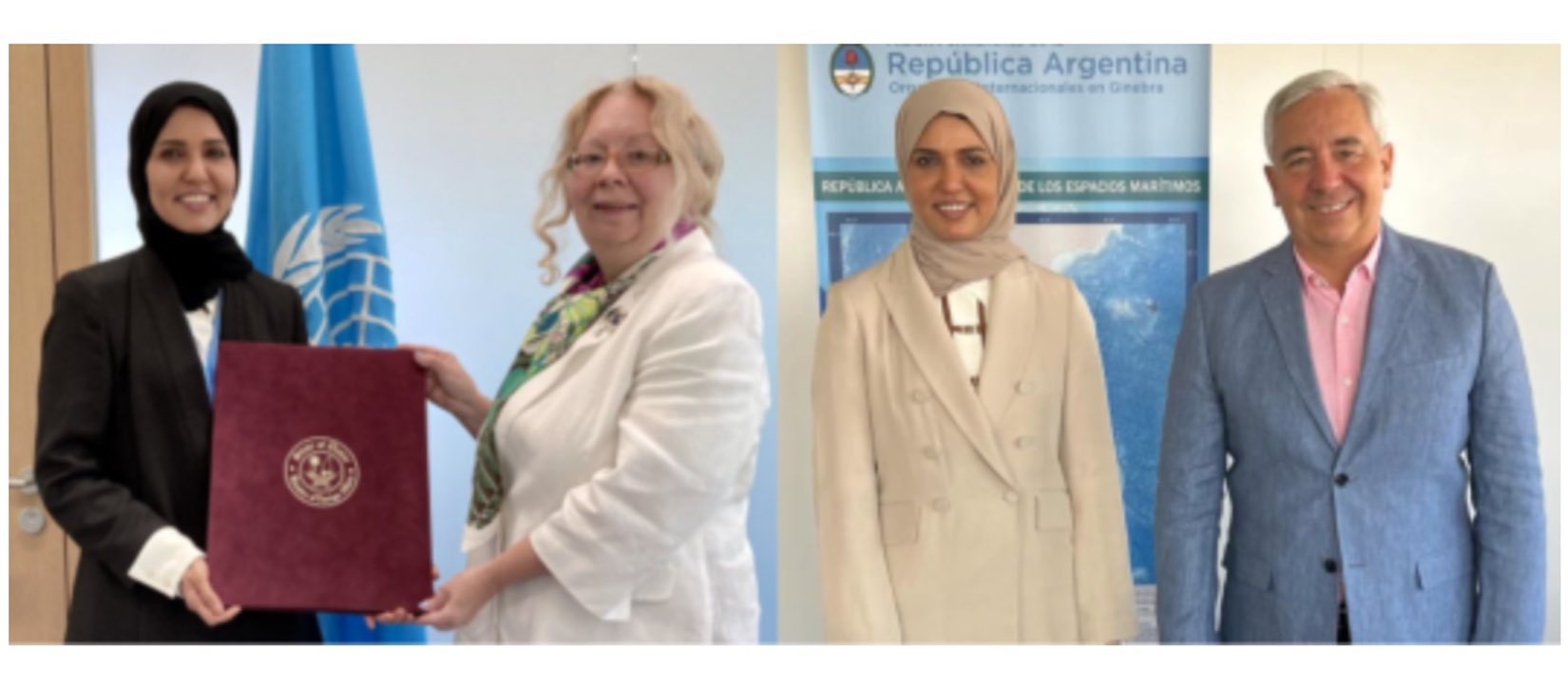 Qatar's new ambassador Hend Al-Muftah with UN Geneva Director General Tatiana Valovaya, and Human Rights Council President Federico Villegas. Source: UN Watch.