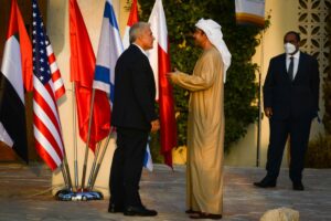 Then-Israeli Foreign Minister Yair Lapid meets with UAE Foreign Minister Sheikh Abdullah bin Zayed Al Nahyan at the Negev Summit in Sde Boker, March 27, 2022. Credit: Flash90.