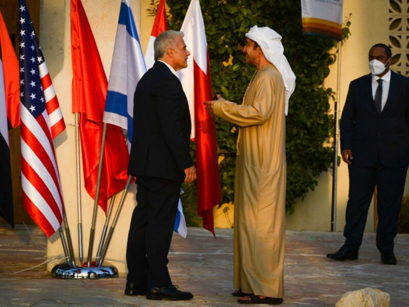 Then-Israeli Foreign Minister Yair Lapid meets with UAE Foreign Minister Sheikh Abdullah bin Zayed Al Nahyan at the Negev Summit in Sde Boker, March 27, 2022. Credit: Flash90.