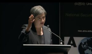 Sen. Penny Wong gives the keynote address at Women and National Security at Australian National University, on May 1, 2017. Source: ANU TV via Wikimedia Commons.