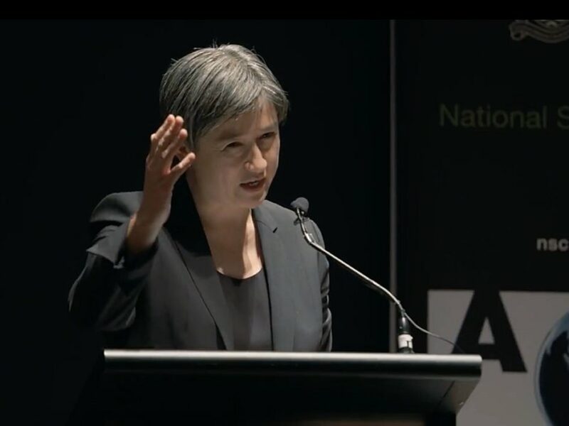 Sen. Penny Wong gives the keynote address at Women and National Security at Australian National University, on May 1, 2017. Source: ANU TV via Wikimedia Commons.