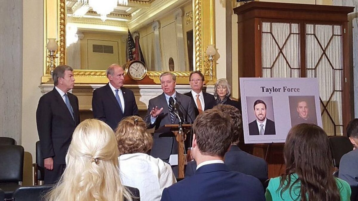 The Taylor Force Act being introduced by Sen. Lindsey Graham (R-S.C.), Sen. Dan Coats (R-Ind.) and Sen. Roy Blunt (R-Mo.) in 2016. Taylor Force’s father, Stuart Force is pictured at the center-right. Source: Twitter.