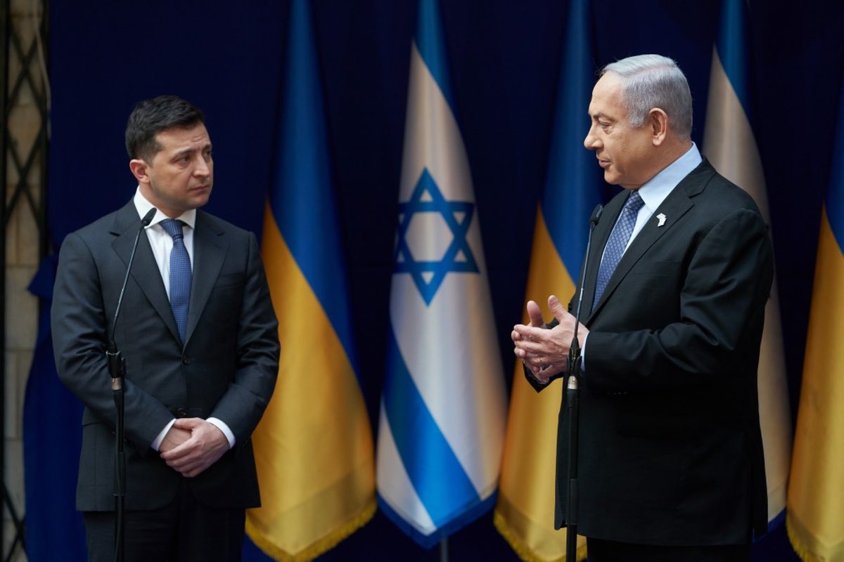 Ukrainian President Volodymyr Zelenskyy and Israeli Prime Minister Benjamin Netanyahu at a joint press conference in Jerusalem, Jan. 24, 2020. Credit Office of the President of Ukraine.