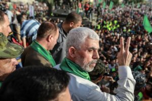 Yahya Sinwar, leader of the Palestinian Hamas movement, gestures during a rally in Beit Lahiya on May 30, 2021. Photo by Atia Mohammed/Flash90.