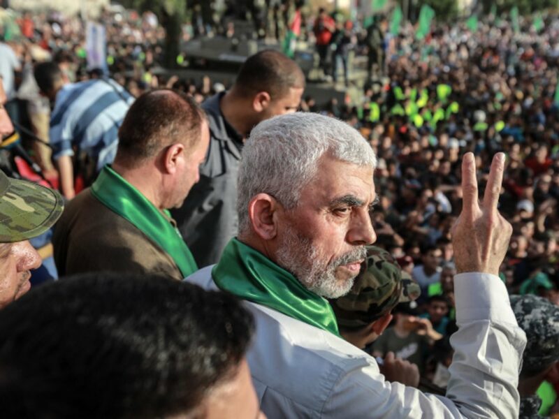 Yahya Sinwar, leader of the Palestinian Hamas movement, gestures during a rally in Beit Lahiya on May 30, 2021. Photo by Atia Mohammed/Flash90.