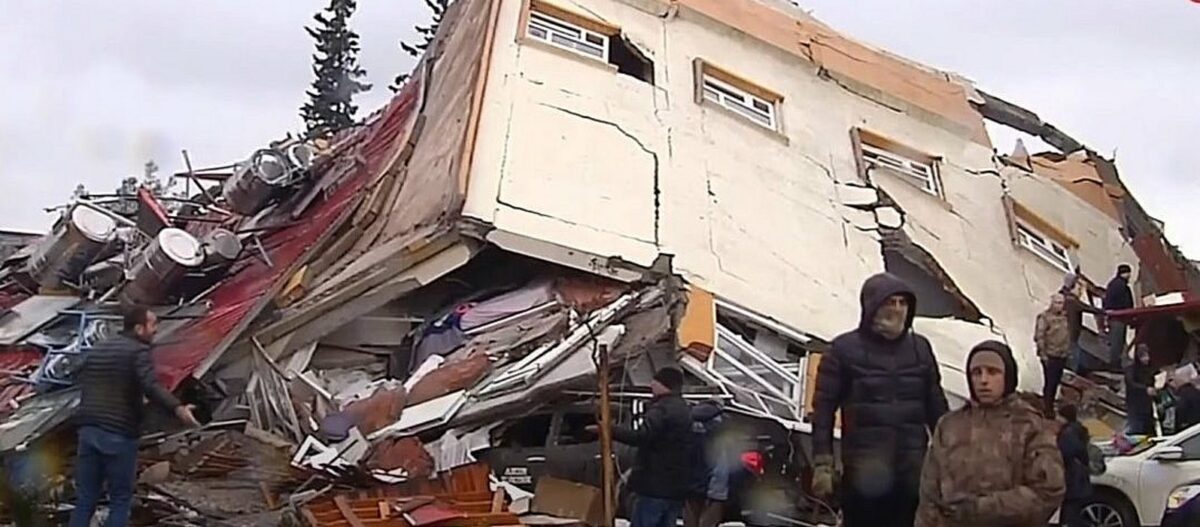 Collapsed buildings in Kahramanmaraş Turkey, following a deadly 7.8-magnitude earthquake that hit the country in the early morning hours of Feb. 6, 2023. Source: Screenshot.