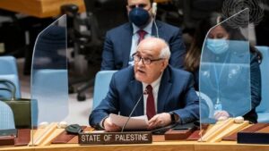 PLO envoy to the U.N. Riyad Mansour addresses the Security Council meeting on the situation in the Middle East, April 25, 2022. Credit: Mark Garten/U.N. Photo.