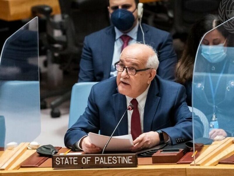 PLO envoy to the U.N. Riyad Mansour addresses the Security Council meeting on the situation in the Middle East, April 25, 2022. Credit: Mark Garten/U.N. Photo.