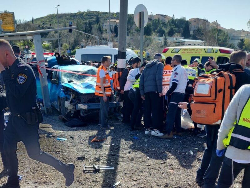 The scene of a suspected Palestinian car-ramming attack near the Ramot neighborhood of Jerusalem, Feb. 10, 2023. Credit: Courtesy.