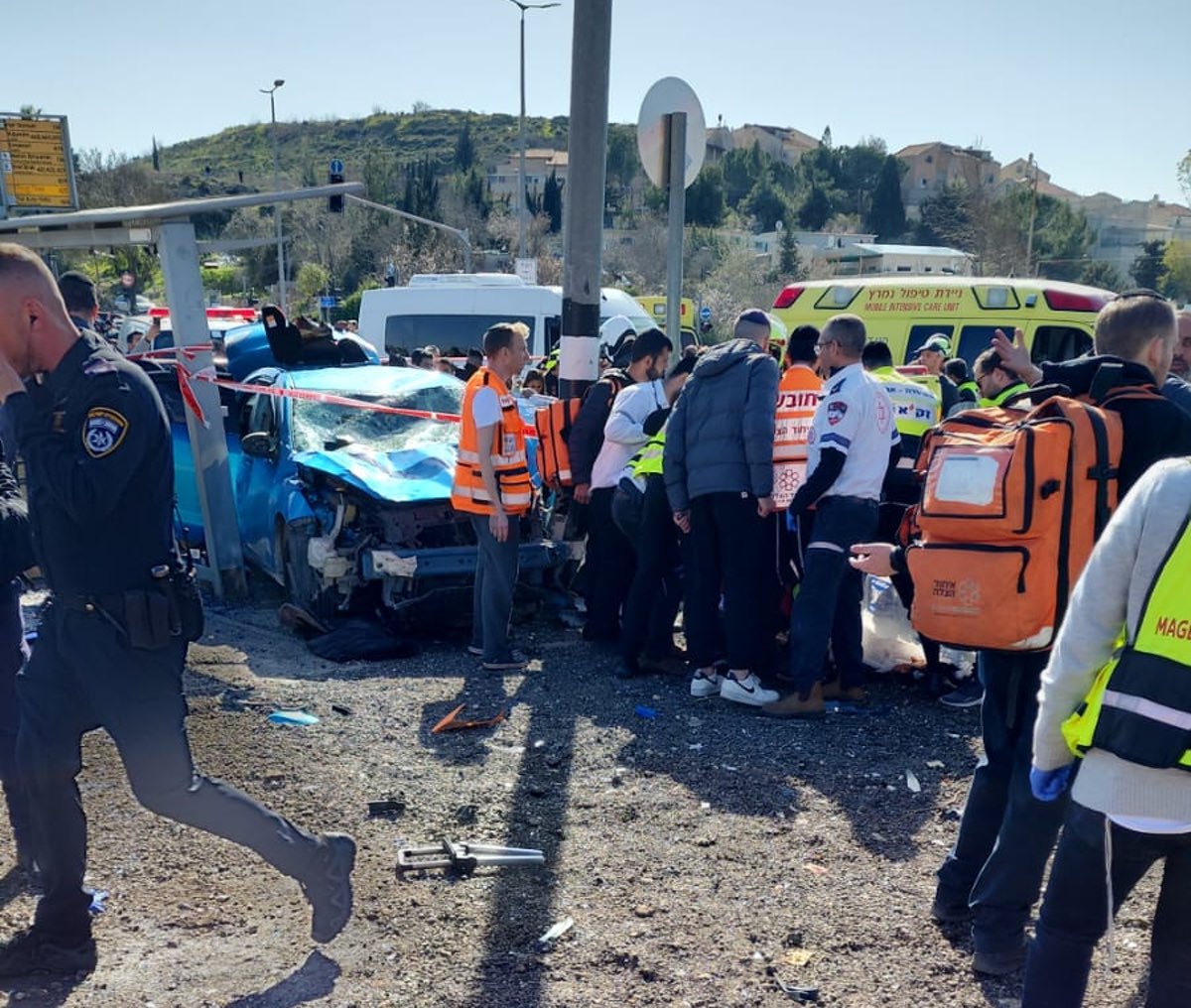 The scene of a suspected Palestinian car-ramming attack near the Ramot neighborhood of Jerusalem, Feb. 10, 2023. Credit: Courtesy.