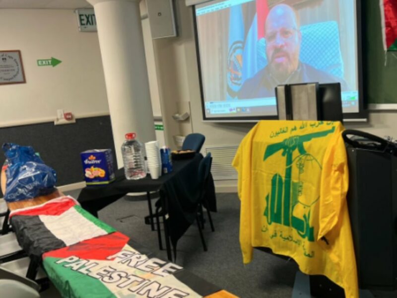 Hezbollah flag flies at University of Cape Town event held by the Palestine Solidarity Forum. Photo- South African Zionist Federation SAZF